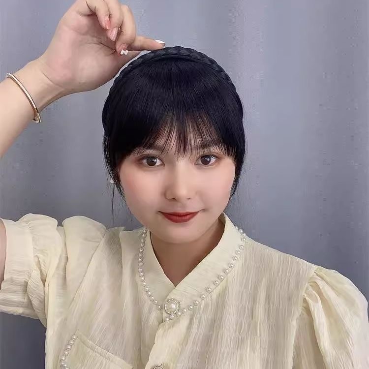 新款时尚辫子发箍刘海一体真发前额头帘鬓角遮白发碎齐刘海假发片|undefined