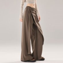 棕灰色不规则飘带高腰阔腿裤女2026年新款显瘦垂感直筒休闲西装裤