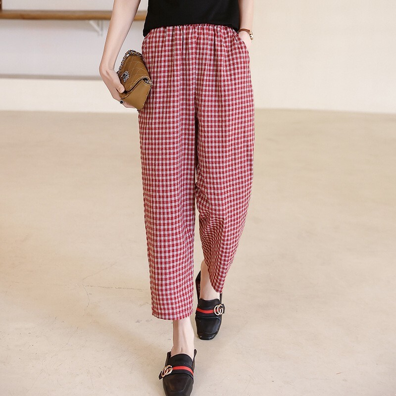 Plaid Cotton and Linen Ankle-length Pants Summer Women's Wear for Middle-aged and Elderly Women's Slimming Hallen Pants Thin Loose plus size Bloomers Plaid Cotton and Linen Ankle-length Pants Summer Women's Wear for Middle-aged and Elderly Women's Slimming Hallen Pants Thin Loose plus size Bloomers