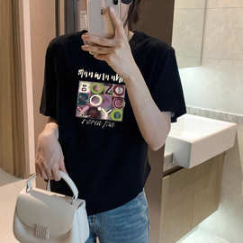 YING+十三行涂鸦色块字母侧边倒三角抽绳显瘦百搭短袖T恤M79-7766