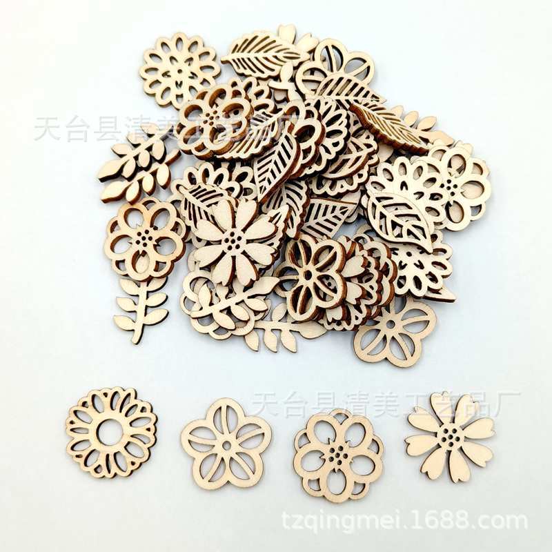 Madera hueco flores/hojas mixtas madera chip láser talla graffiti pintura hecha a mano parche 50 unids/bolsa