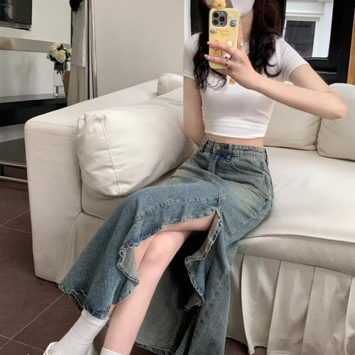 A-line fish-tail maxi skirt with high-waist, mid-length, suitable for casual and versatile wear, regular fit, pure color denim dress.