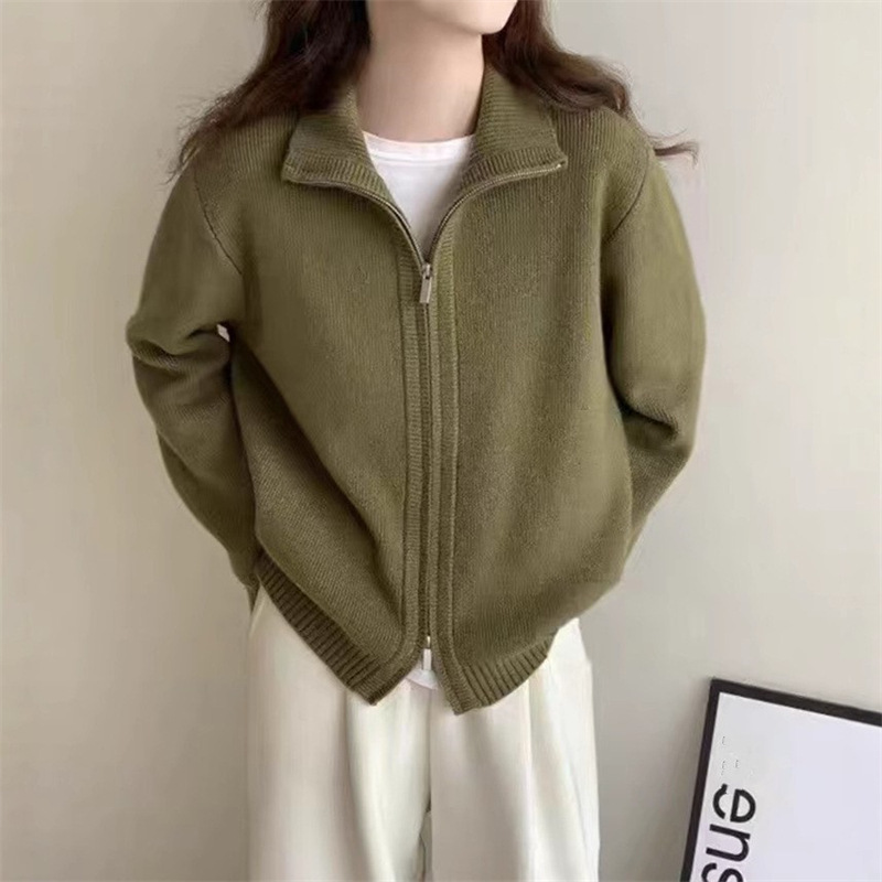 ファッショナブルなダブルジッパーニットカーディガン女性の秋と冬の新しい和風ルーズシンプルなラペルセータージャケットレイジートップ|undefined