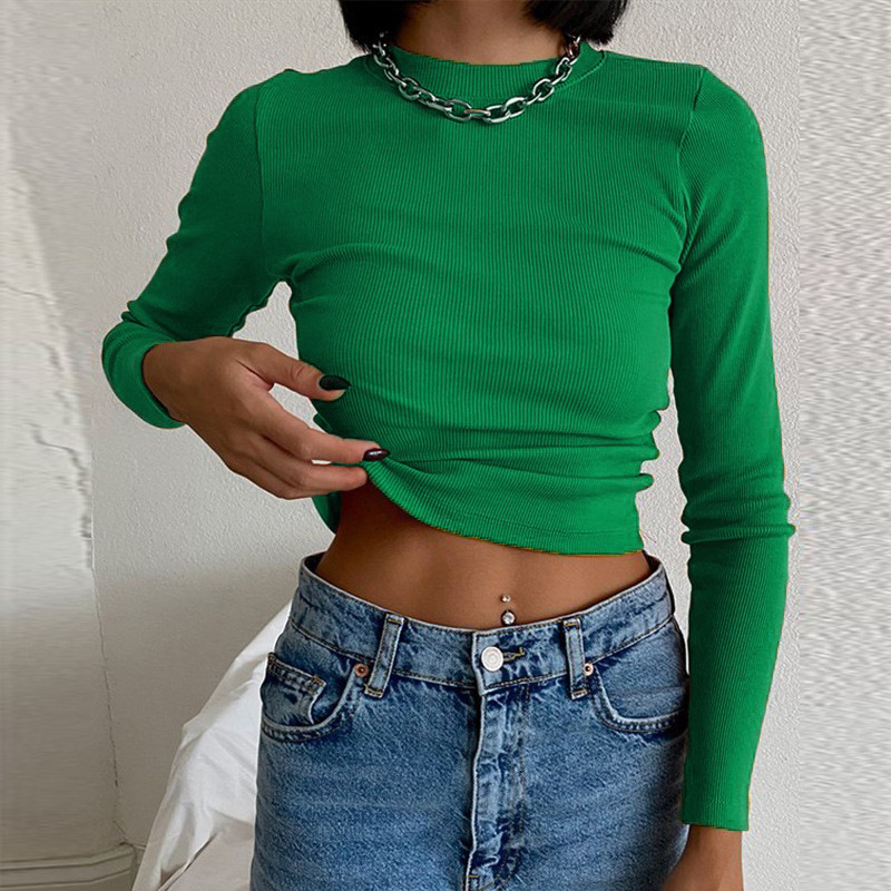 Women's Ribbed Long Sleeve T-shirt Round Neck Solid Colour Top_voghion.com