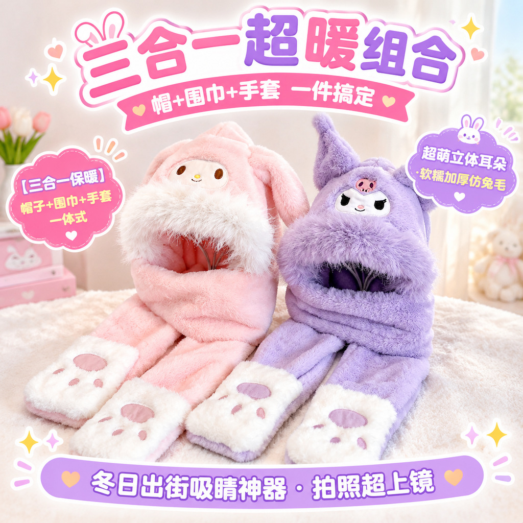 Winter children's hat three-piece set with scarf and gloves, windproof and warm neck warmer, thickened headwrap hat for boys and girls
