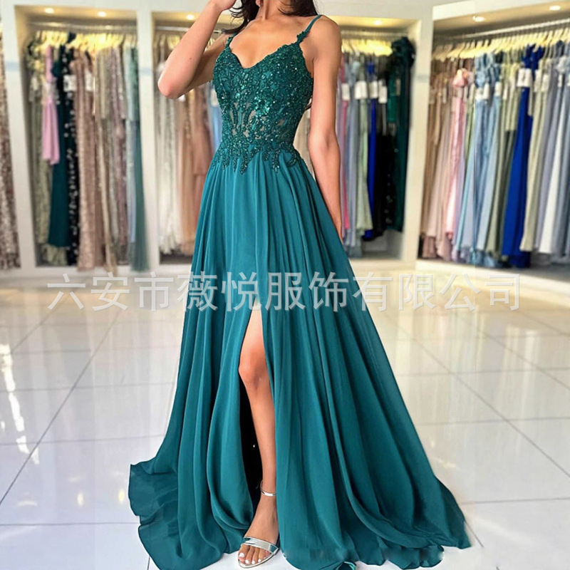 European and American Style Long Dress with Sexy Lace Straps, Elegant Banquet Gown, Long Ball Gown with High Slit and Trailing Train Evening Dress European and American Style Long Dress with Sexy Lace Straps, Elegant Banquet Gown, Long Ball Gown with High Slit and Trailing Train Evening Dress