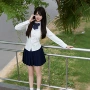 长袖学生藏青白衬衫水手服