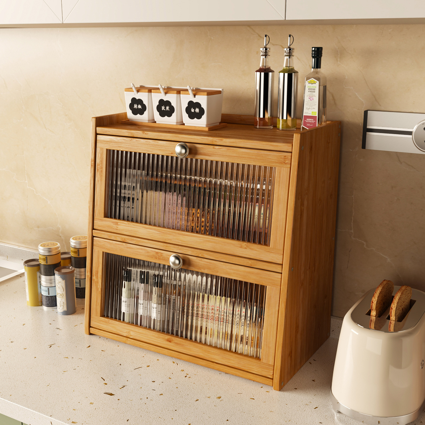 Desktop Storage Rack, Household Storage Cabinet, Dust-Proof Office Organizer Cabinet, Countertop Kitchen Spice Storage Cabinet