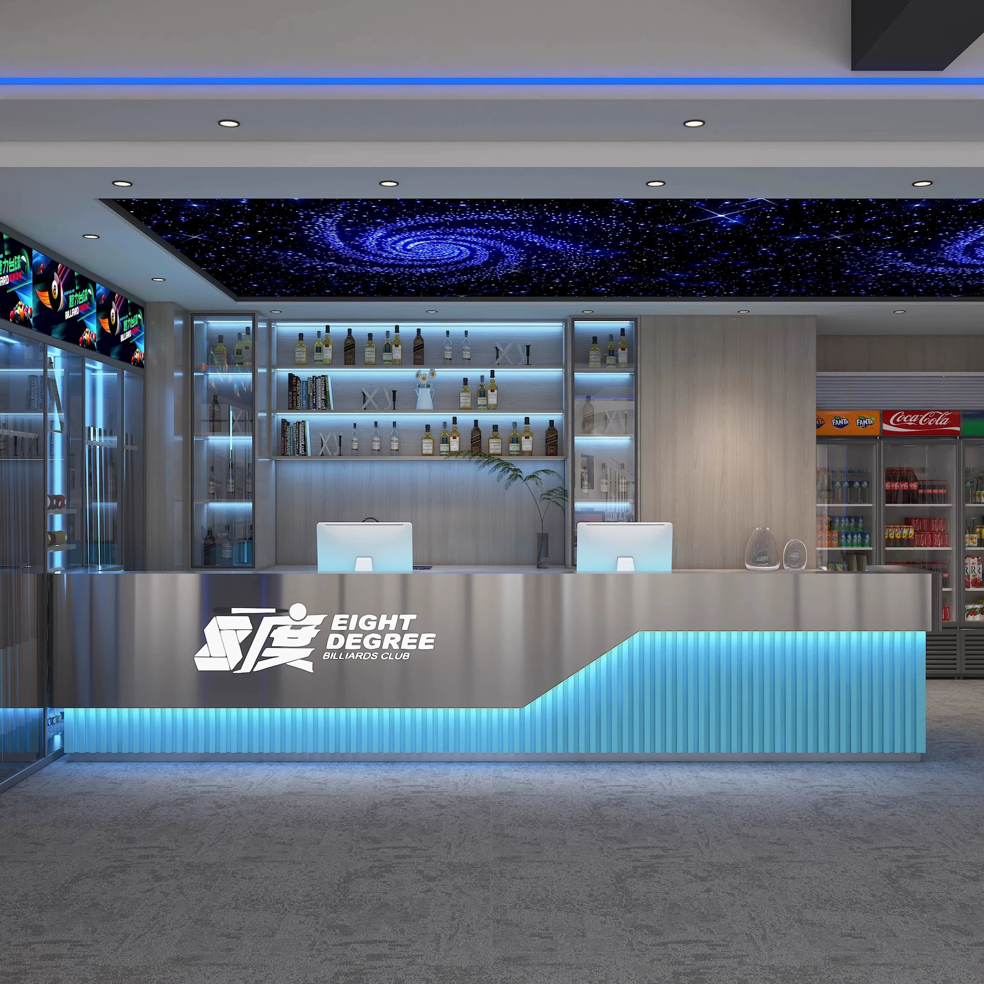 Ресторан-бар в индустриальном стиле, ресторан-бар, бар из нержавеющей стали, касса, бильярдный зал, стойка регистрации, тренажерный зал, стойка регистрации