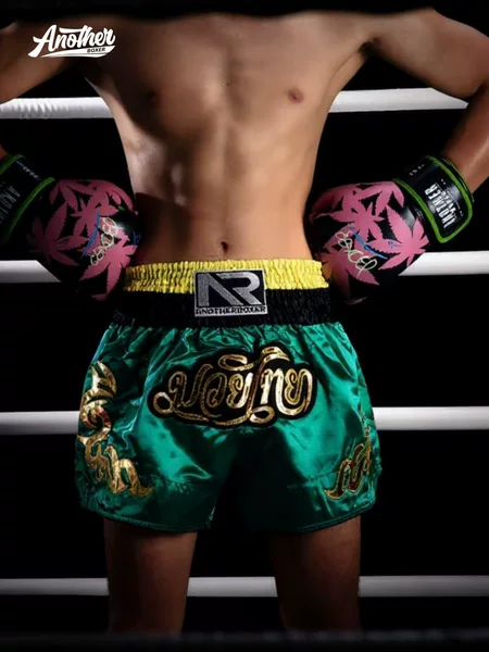 Anotherboxer Dark Green Muay Thai Shorts with Patch Embroidery High-Quality Boxing Fighting Shorts