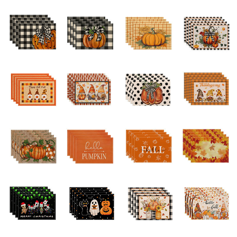 ハロウィン要素プリントテーブルマット感謝祭の雰囲気テーブル装飾リネンプレースマット食器断熱マット|undefined