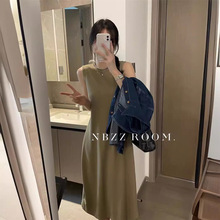 2024春夏/韩系后开叉坑条纹背心裙女宽松休闲中长款无袖连衣裙潮