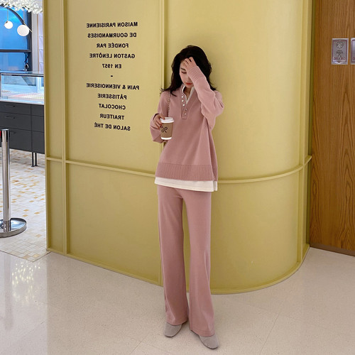 Autumn and winter fashion Korean style small fragrant style knitted suit for women Hong Kong style retro casual style wide-leg pants two-piece set for women