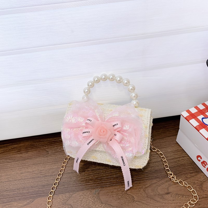 Bolso de lazo para niños Bolso de mensajero de flor de rosa de verano Bolso de princesa portátil de perlas para niñas Monedero de fragancia pequeña
