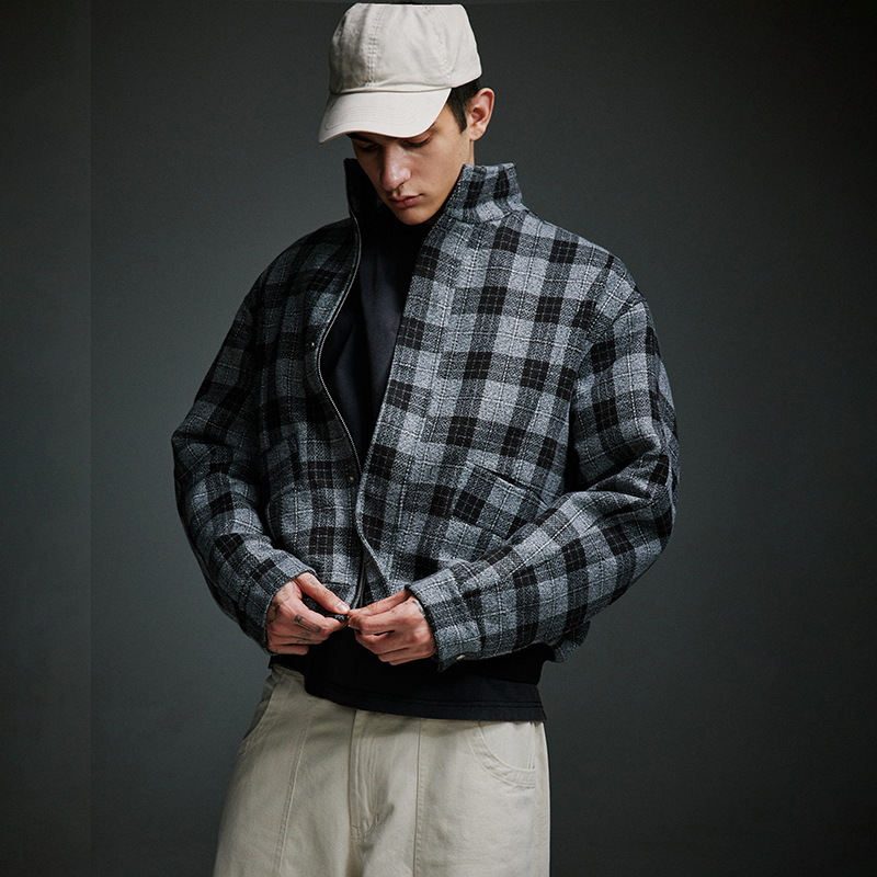 Men's Clothing Retro Stand Collar Plaid Woolen Coat Vintage Design Cotton Coat_voghion.com