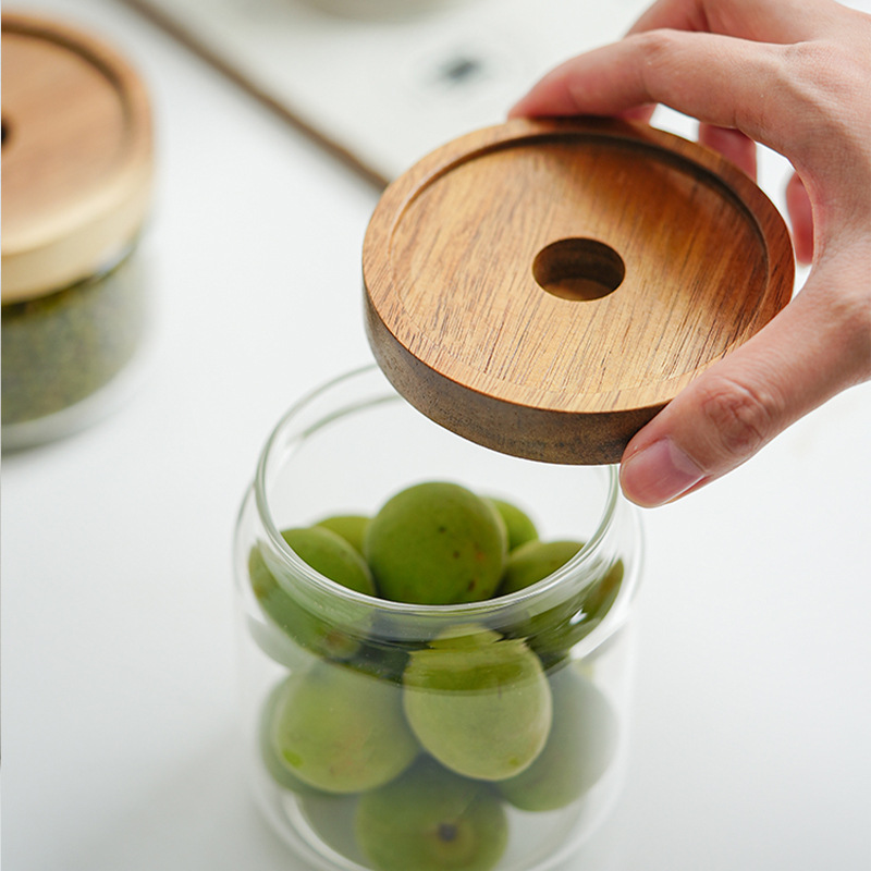 Fabricante mayorista Acacia cubierta de madera de cocina refrigerio almacenamiento de granos a prueba de humedad tanque de almacenamiento de alta borosilicina de vidrio sellado