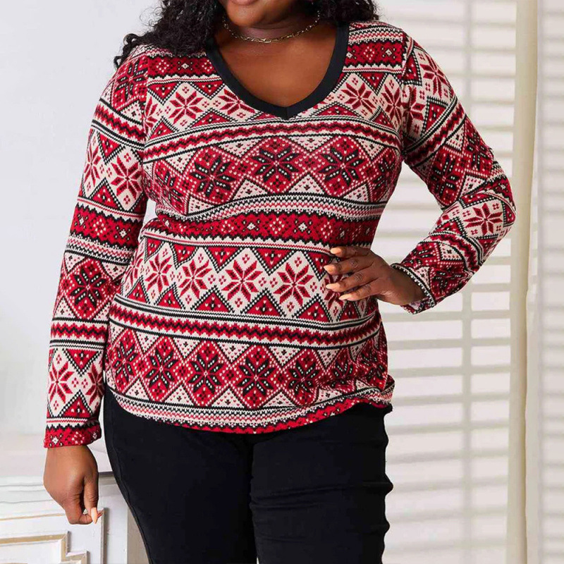 2025 European and American Cross-Border Christmas Snowflake Print Stitching V Neck Elegant Long-Sleeved Party Plus Size Women's Tops 2025 European and American Cross-Border Christmas Snowflake Print Stitching V Neck Elegant Long-Sleeved Party Plus Size Women's Tops