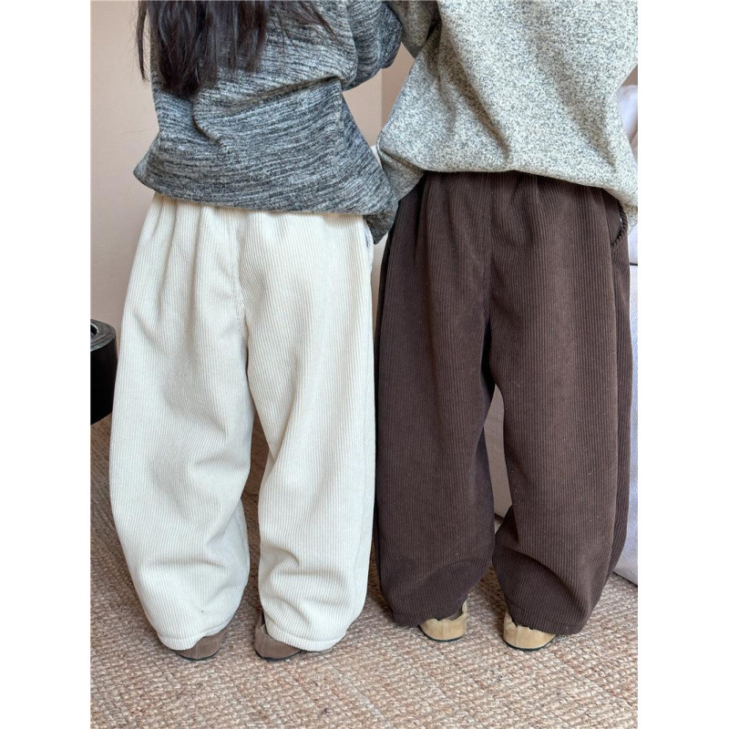 어린이 바지 2024 겨울 세트 어린이 원피스 벨벳 코듀로이 바지 따뜻한 기모 소년 소녀를위한 캐주얼 바지