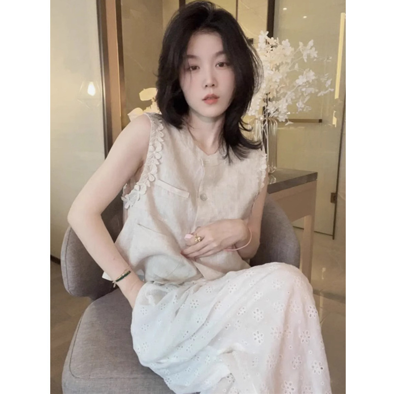 ノースリーブベスト綿とリネンのベストシャツ女性の夏のデザインニッチトップフレンチユニークでシックなラミーシャツ|undefined
