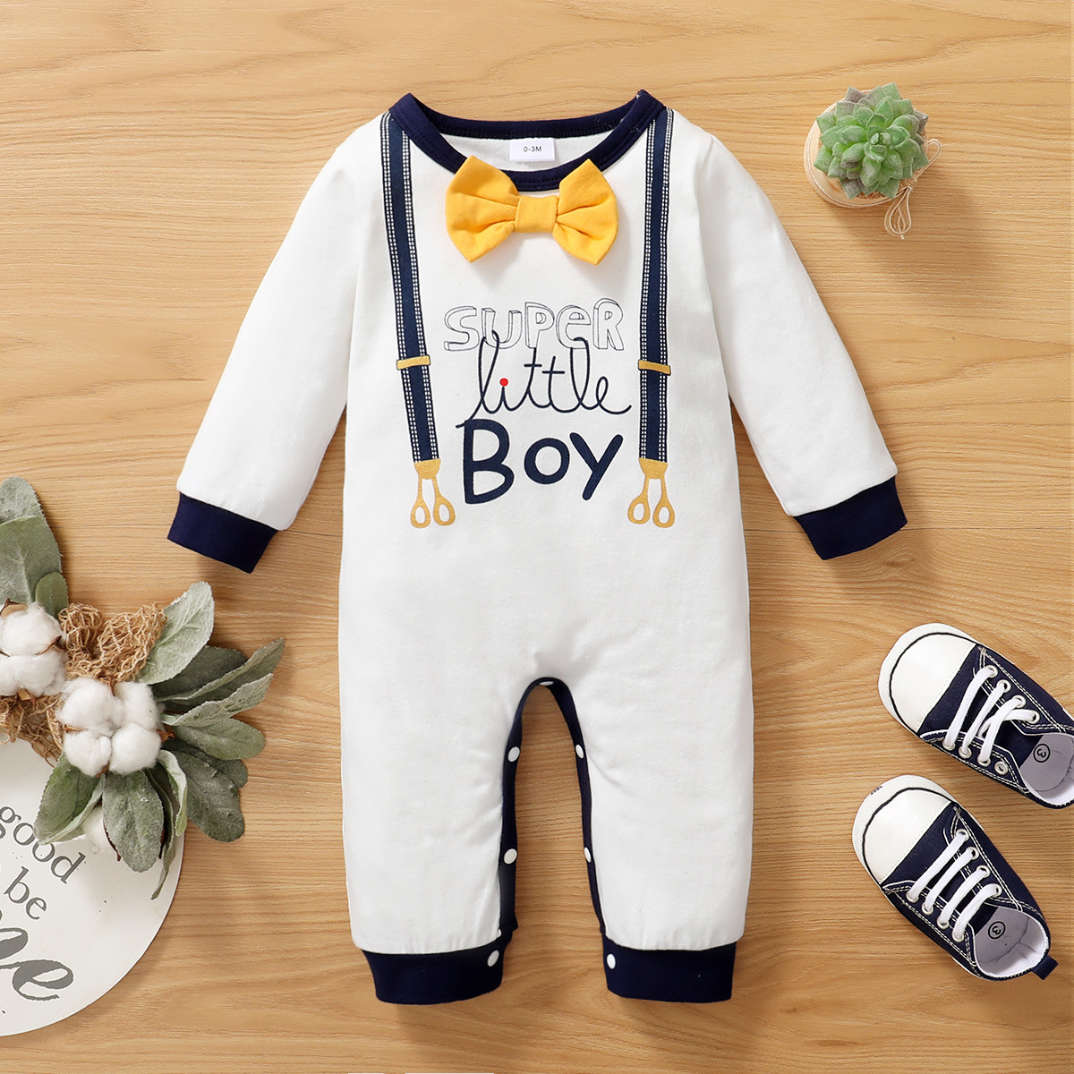 Autumn White Letter Super Little Boy Print Tie Short-sleeved Baby One-piece Romper display picture 1