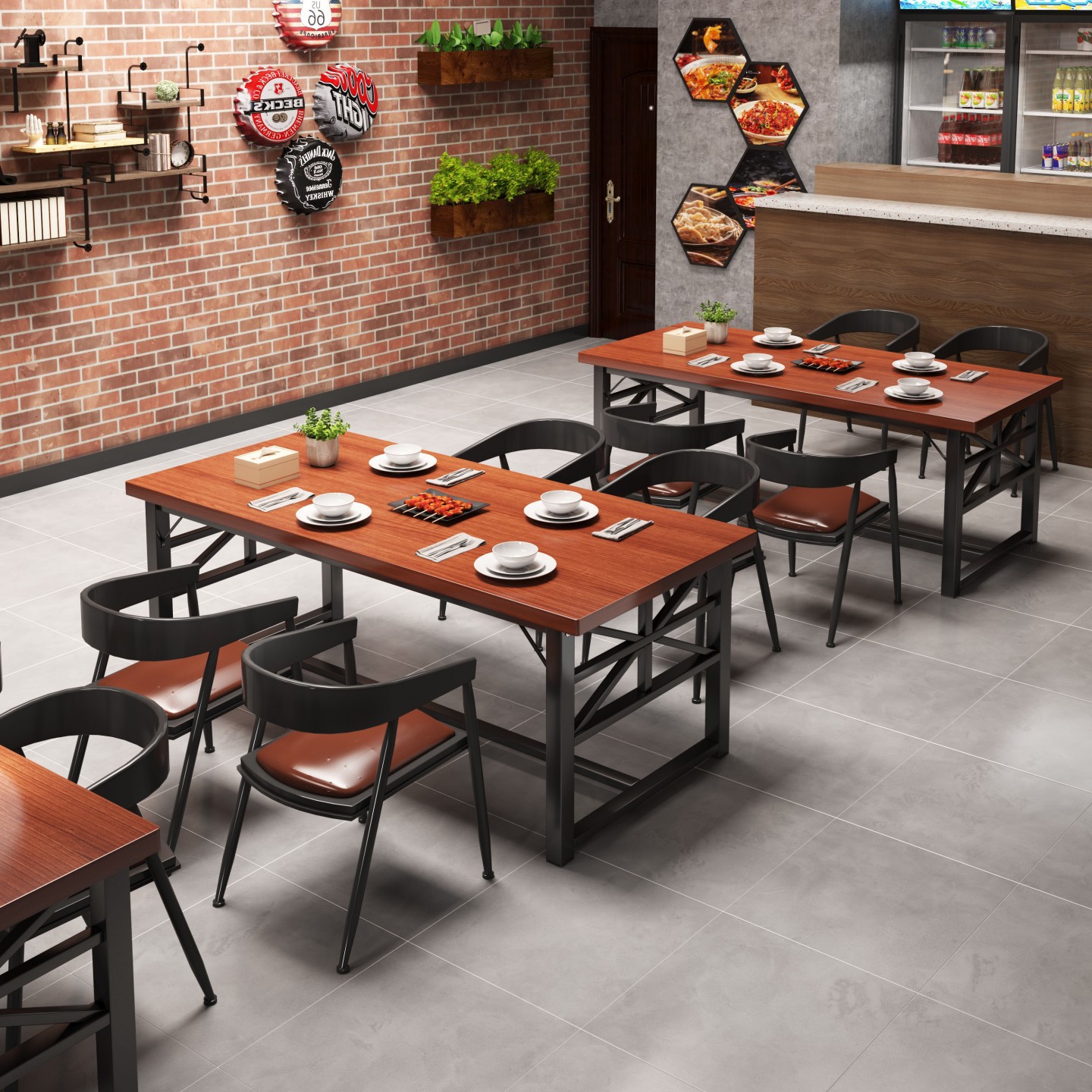 Dining Table Commercial Industrial Style Barbecue Restaurant Table and Chair Combination Iron Dining Commercial Clear Bar Bistro Rectangular Table