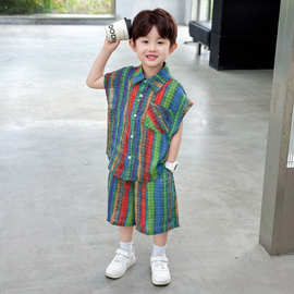 男童套装夏2026新款格子儿童背心衬衫夏装薄款小孩衣服夏季两件套