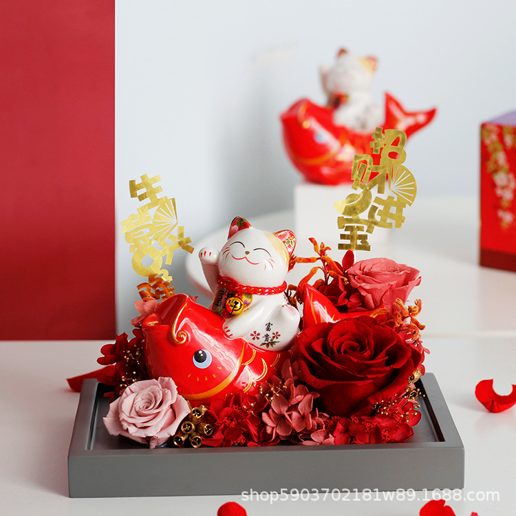 Cerámica gato afortunado koi regalo para novia regalo de cumpleaños rosa al por mayor regalo del Día de San Valentín flor seca flor eterna