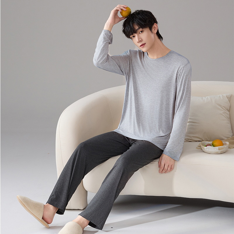 Pijamas modales para hombres primavera y otoño pantalones largos de mangas largas sueltos de tamaño grande verano para hombres simple set de ropa de casa gris