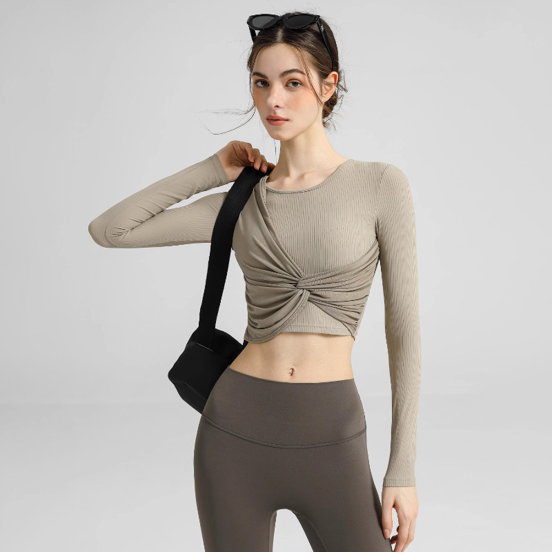 秋季瑜伽服女长袖裸感训练服运动训练带胸垫上衣显瘦普拉提健身服|undefined