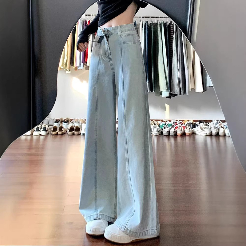 American-style light blue straight-leg jeans for women, new spring/summer model, plus-size high-waisted slimming loose wide-leg floor-length pants American-style light blue straight-leg jeans for women, new spring/summer model, plus-size high-waisted slimming loose wide-leg floor-length pants