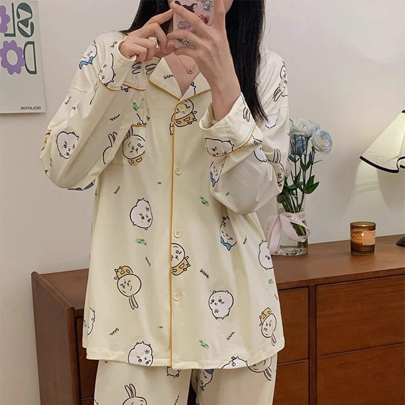 Otoño transfronterizo nuevo pijama mujer imitación algodón estilo coreano cardigan pantalones de manga larga dulce y lindo traje de servicio a domicilio exterior