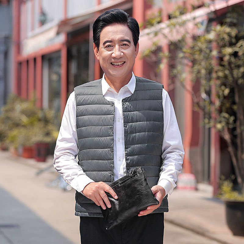 Otoño y invierno padre hombre chaleco de pluma de mediana edad chaleco de cuello redondo chaqueta de hombro delgada abrigo corto cálido