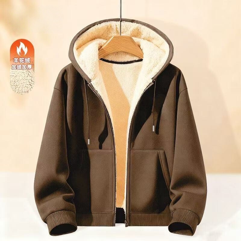 Winter lamb fleece sweatshirt, thickened and fleece-lined, men's hooded sports warm new jacket, trendy casual top