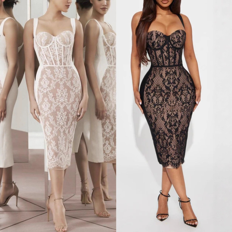 French Sexy Suspender Dress Women's New Lace Splicing Sleeveless Slim Elegant Mid-Length Bandage Skirt