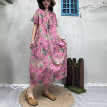 2025夏季新品文艺百搭宽松休闲印花V领高腰显瘦短袖棉麻连衣裙女