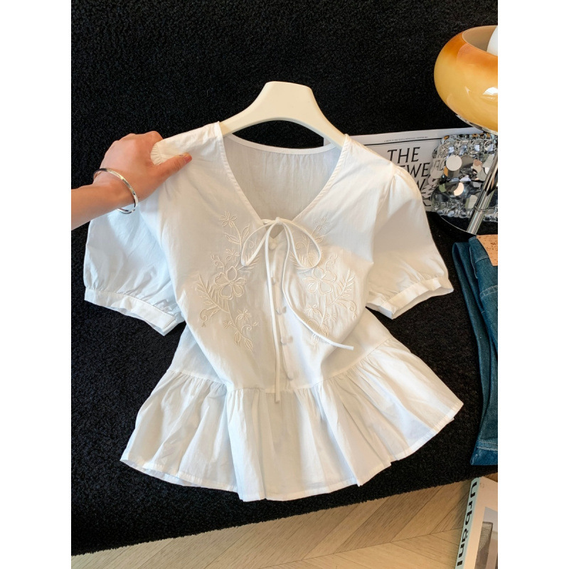 Korean Style White Lace Embroidered Puff Sleeve Shirt for Women, New Summer Model, Slimming Tie-Neck Waist-Cinching French Elegant Top Korean Style White Lace Embroidered Puff Sleeve Shirt for Women, New Summer Model, Slimming Tie-Neck Waist-Cinching French Elegant Top