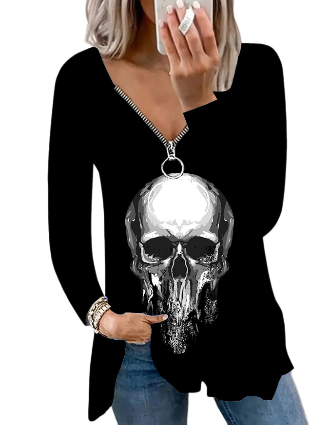 Women's casual fashion V-neck zipper printed long-sleeved tops_voghion.com