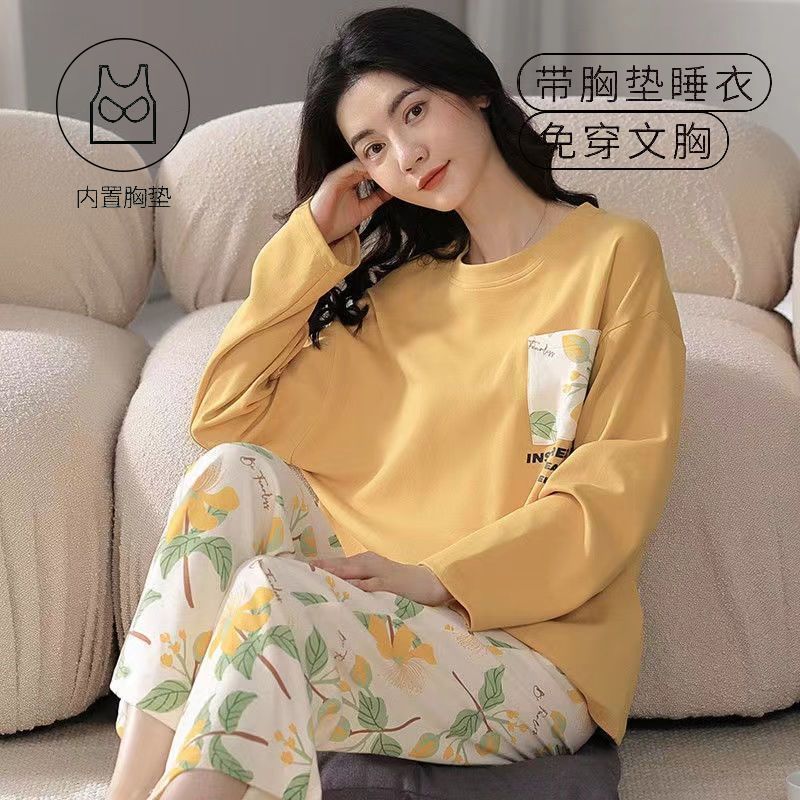 Women's Spring, Autumn and Winter Long-Sleeved Pants with Breast Pads, Large Size Loose Casual Home Wear Suits That Can Be Worn Outside for Women