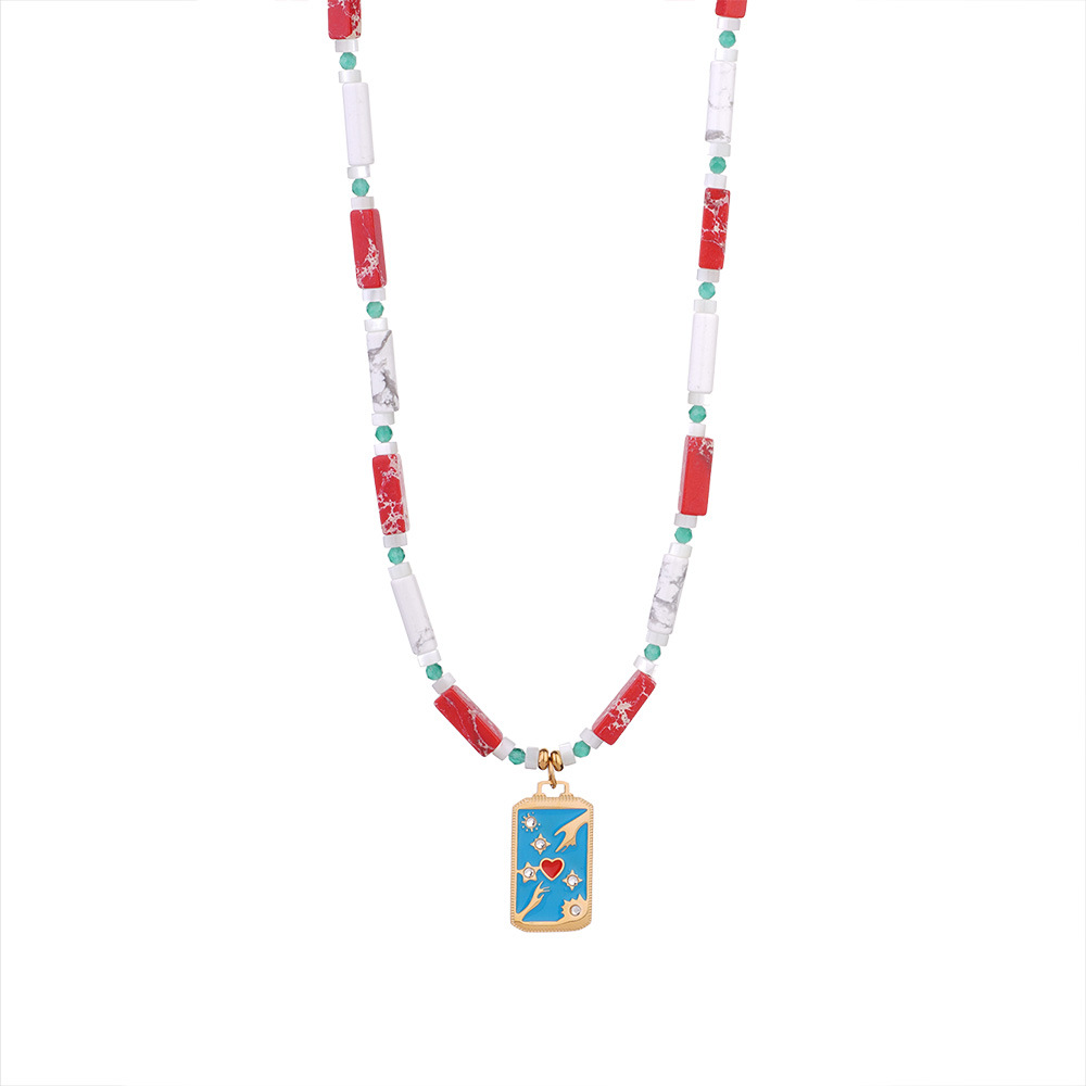 Casual, Outdoor Occasion Natural Stone Titanium Steel Beaded Chain Enamel Geometric Sun Heart Shape Pendant Necklace