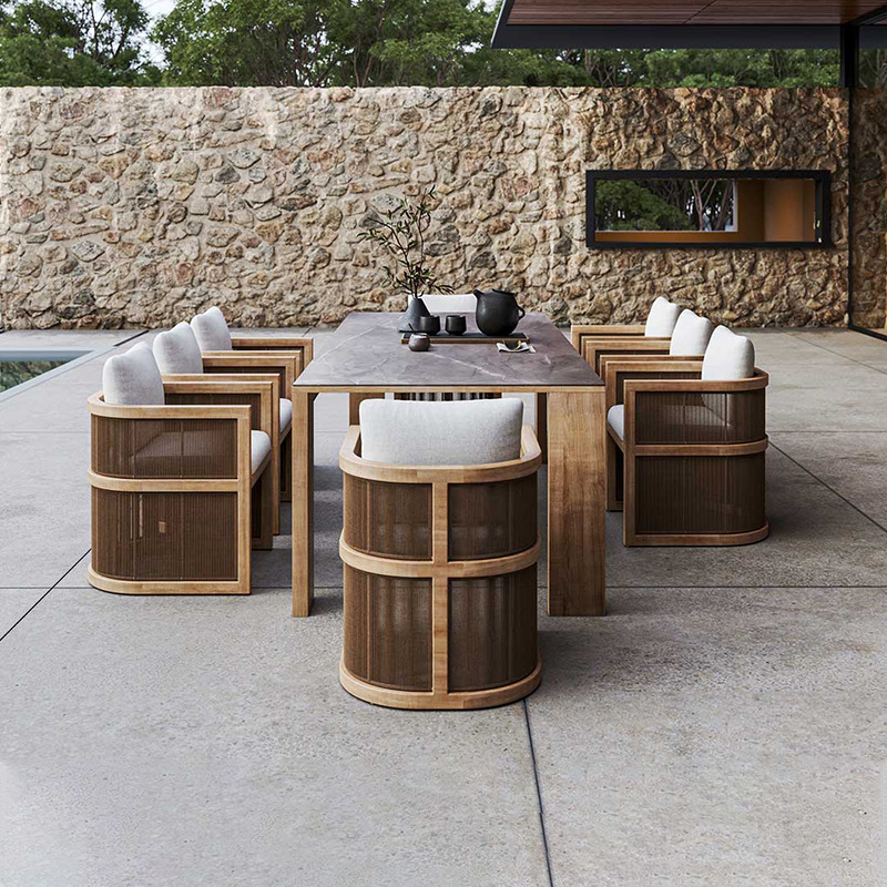 Mesas y sillas de exterior tejidas con cuerda, balcón moderno para ocio, muebles de patio de alta gama, conjunto de aleación de aluminio resistente al agua y al sol.