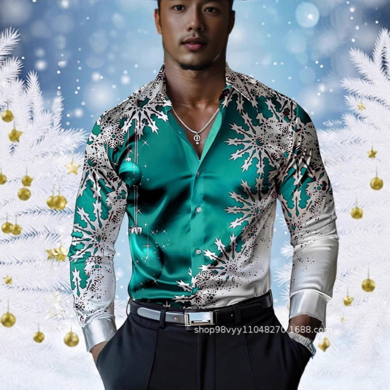 Cross-Border European and American Wish Shopee Men's Stand-Up Collar Long-Sleeved Shirt 3D Printed Christmas Cardigan Large Size Casual Top