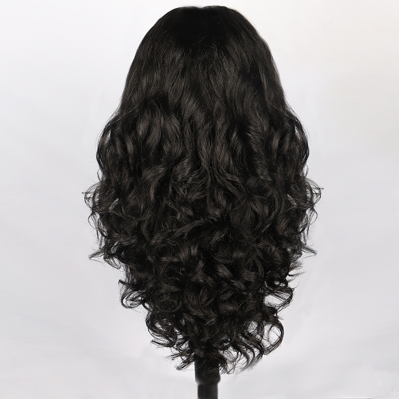 Cross-border European and American women's wig front lace wig yaki black medium fluffy long curly hair chemical fiber full head wigs
