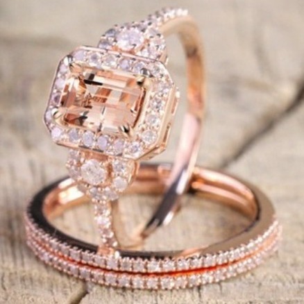 Sanjie Wish New Product Hot Selling 18K Rose Gold Plated Set Ring European and American Micro-Embedded Engagement Ring Women's Cross-Border Supply