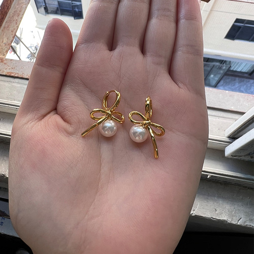 Korean jewelry all-over S925 silver ins style pearl bow natural agate temperament versatile earrings and ear buttons for women