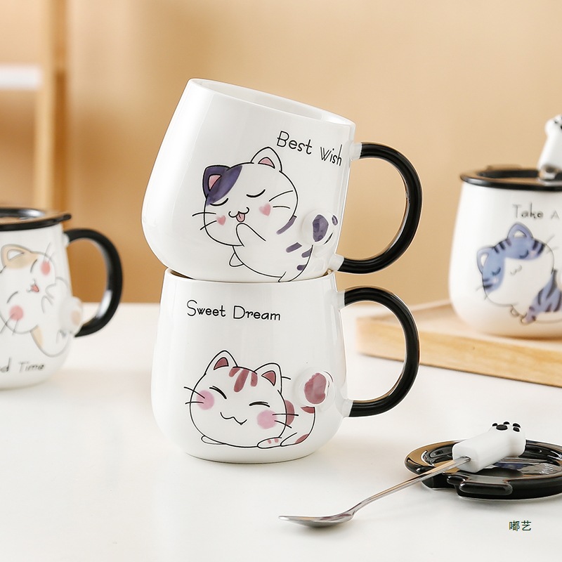 Taza de gato Mark con tapa Cuchara Taza de agua de cerámica Taza de pareja de dibujos animados de cerámica para hombres y mujeres Taza de desayuno de café de oficina