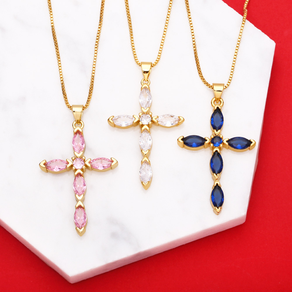 fashion cross copper gold-plated inlaid color zircon necklace