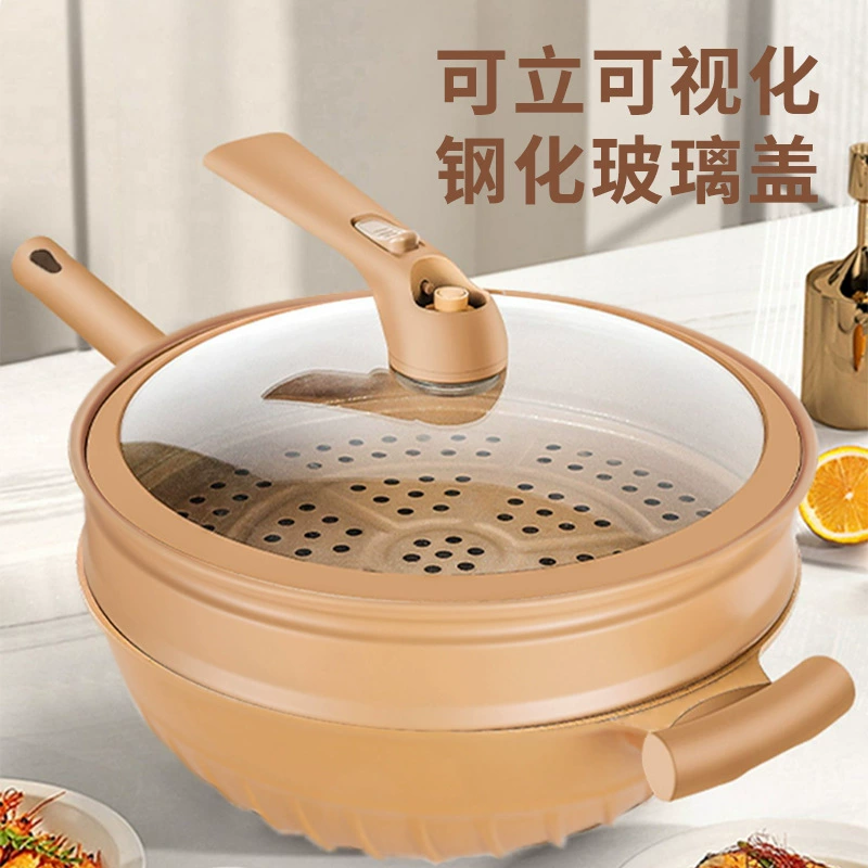 Многофункциональная сковорода из натуральной глины с плоским дном, низким давлением и антипригарным покрытием, поддерживает вакуумную приготовление и здоровое питание.