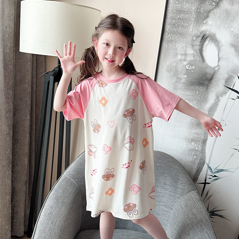 Cartoon summer children's pijama, mini-skirt, long skirt, with short sleeve, family style