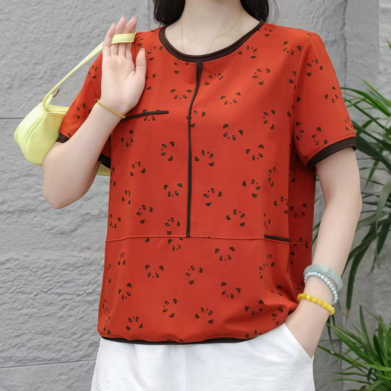 Summer New Style Loose Round Neck Printed Short-Sleeved Pure Cotton T-Shirt for Mothers, Pullover with Contrasting Colors, Casual Top for Middle-Aged and Elderly People