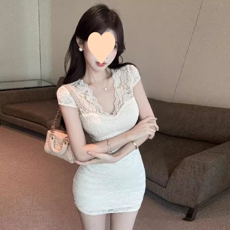 여름 여성용 차 레이스 칼라 드레스, 순수한 욕망 스타일, 섹시한 허리 슬리밍, 엉덩이를 덮는 짧은 스커트